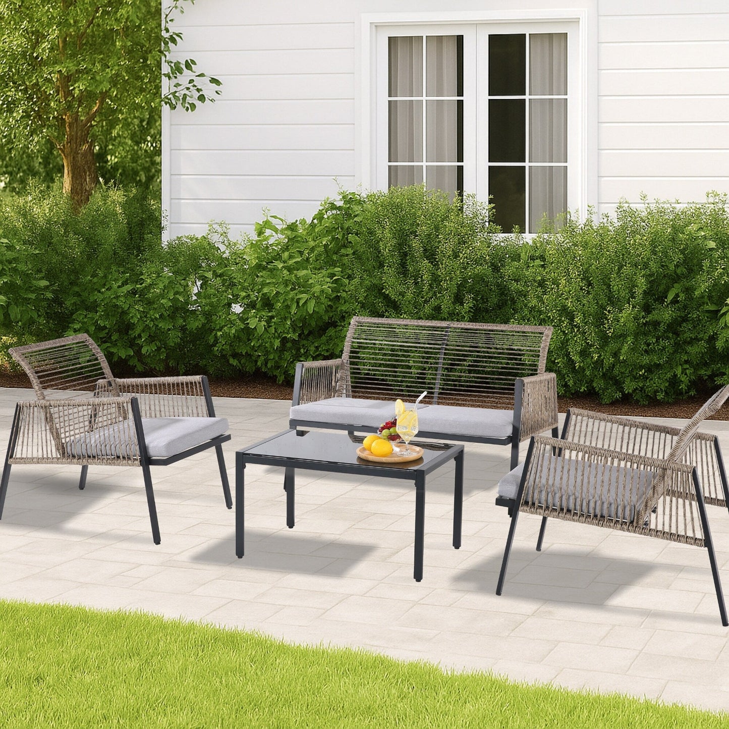 Set di mobili da giardino - Divano componibile da esterno in vimini e rattan, set da conversazione per tutte le stagioni, con morbidi cuscini