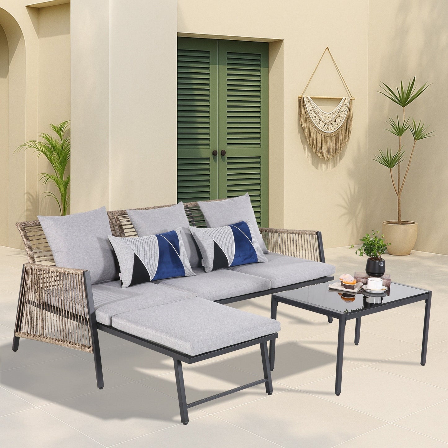 Set di mobili da giardino - Divano componibile da esterno in vimini e rattan, set da conversazione per tutte le stagioni, con morbidi cuscini