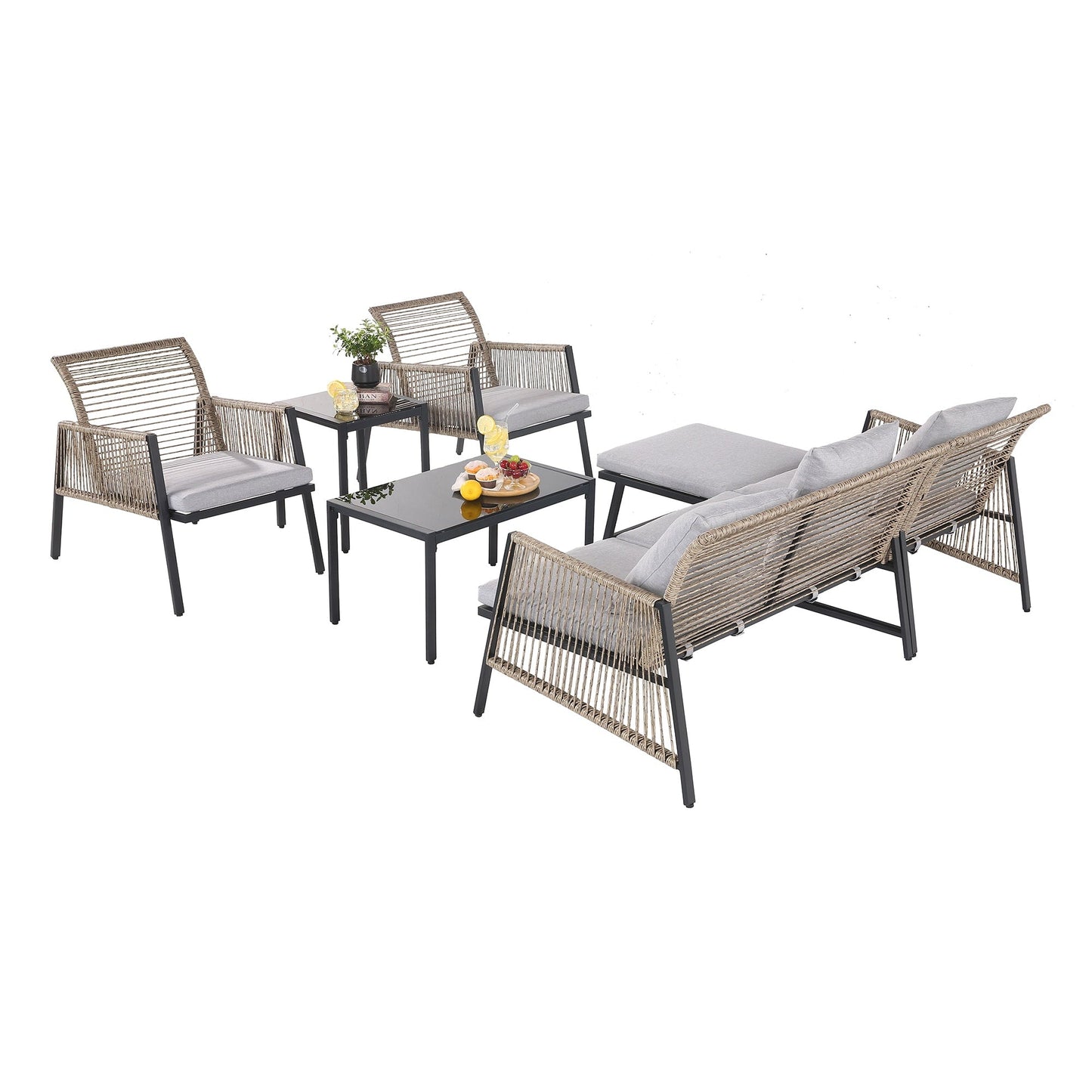 Set di mobili da giardino - Divano componibile da esterno in vimini e rattan, set da conversazione per tutte le stagioni, con morbidi cuscini