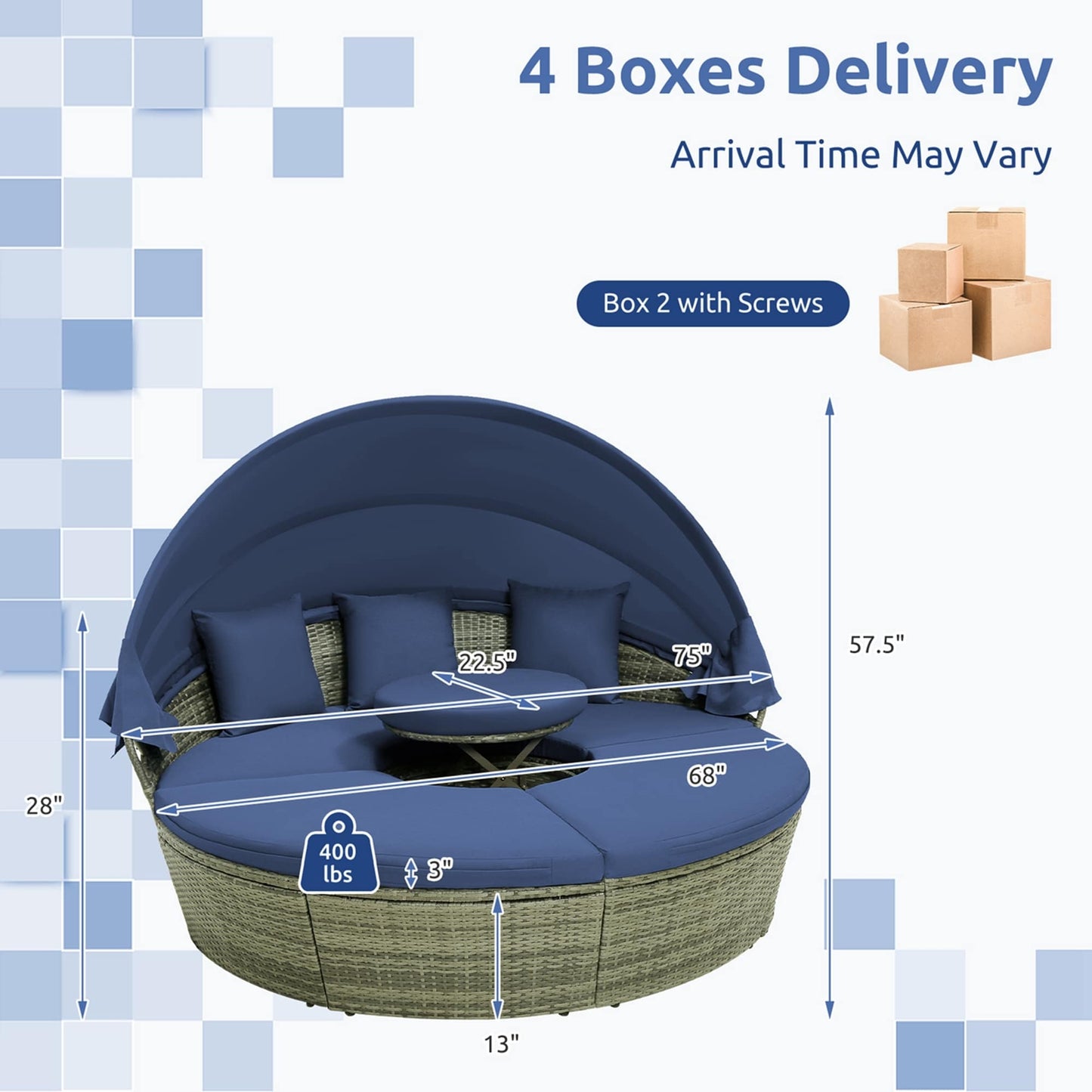 Divano letto da esterno in rattan con tavolino laterale e baldacchino