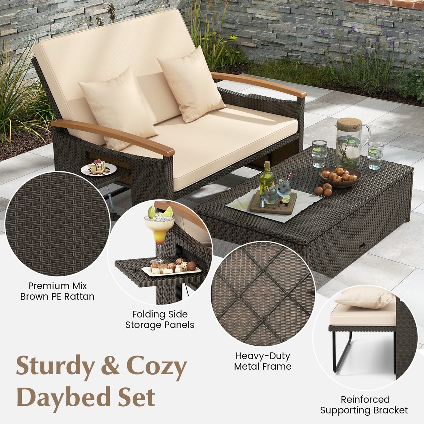 Set di divano letto in rattan per patio con divanetto imbottito e pouf contenitore