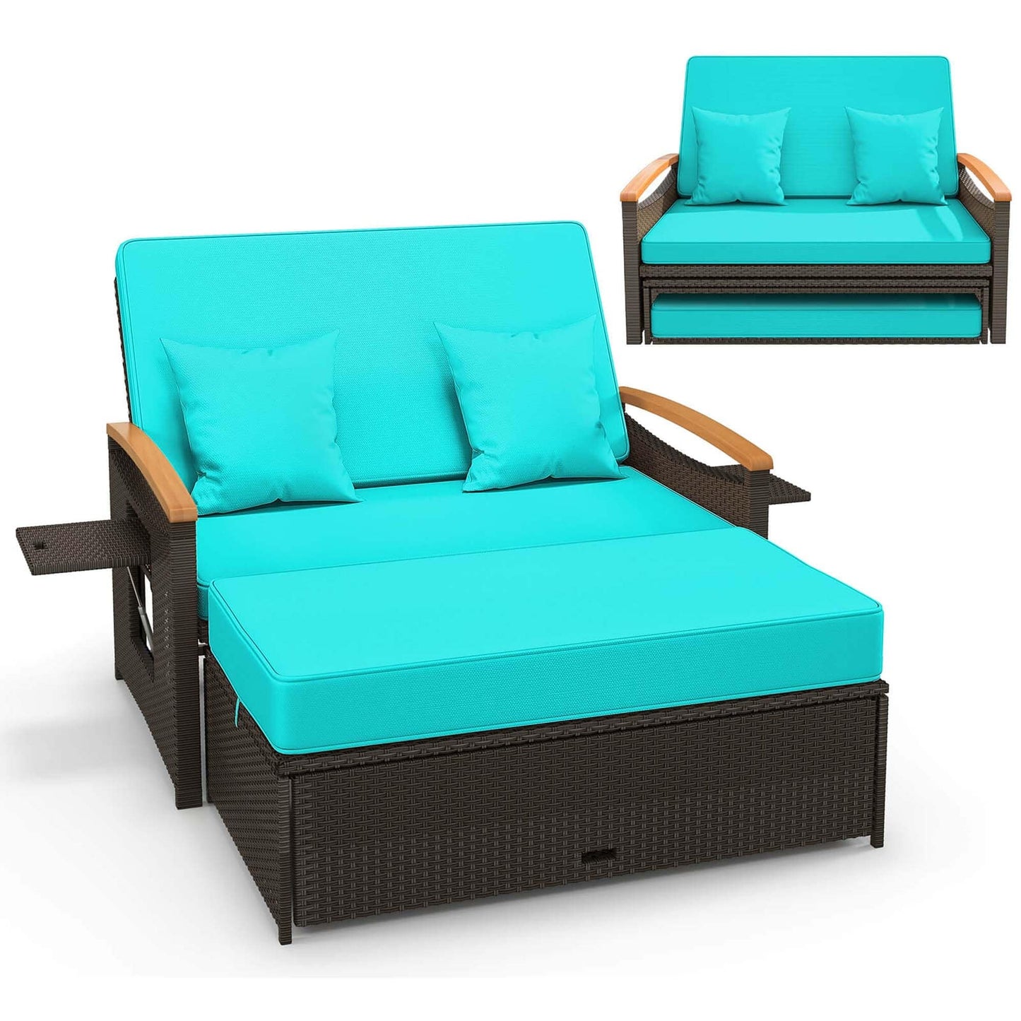 Set di divano letto in rattan per patio con divanetto imbottito e pouf contenitore