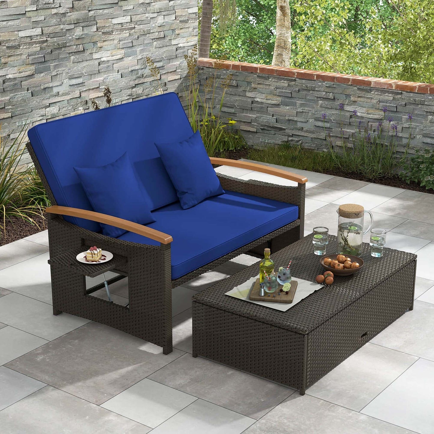 Set di divano letto in rattan per patio con divanetto imbottito e pouf contenitore