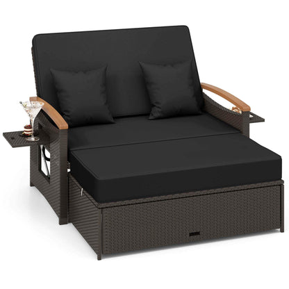 Set di divano letto in rattan per patio con divanetto imbottito e pouf contenitore