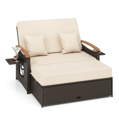 Set di divano letto in rattan per patio con divanetto imbottito e pouf contenitore