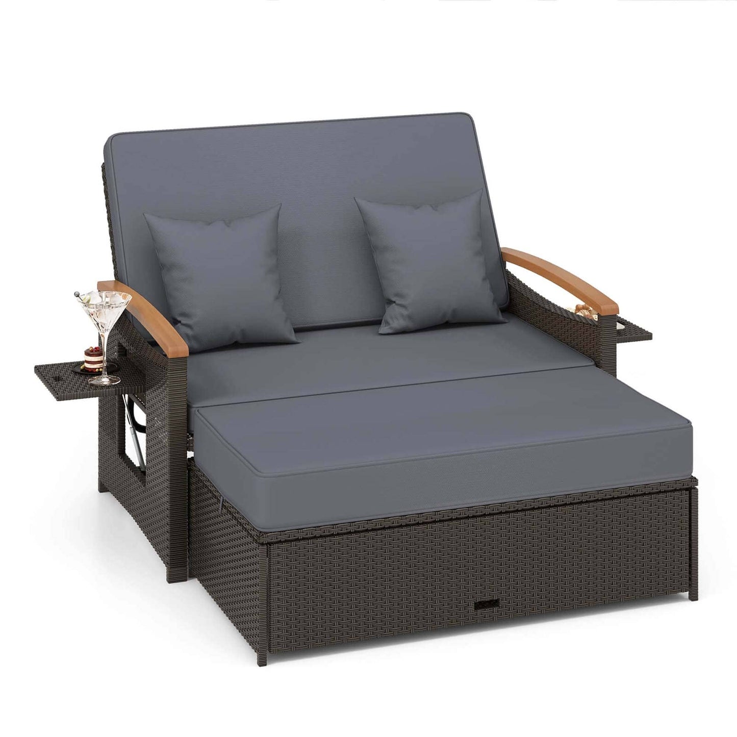 Set di divano letto in rattan per patio con divanetto imbottito e pouf contenitore