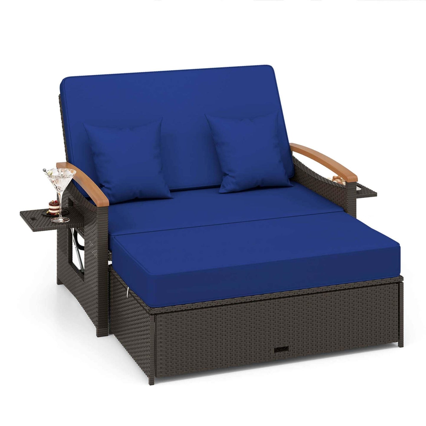 Set di divano letto in rattan per patio con divanetto imbottito e pouf contenitore