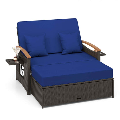 Set di divano letto in rattan per patio con divanetto imbottito e pouf contenitore