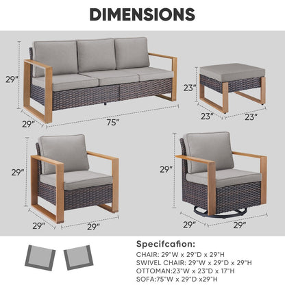 Divano da giardino con pouf a dondolo e tavolino da caffè - Marrone