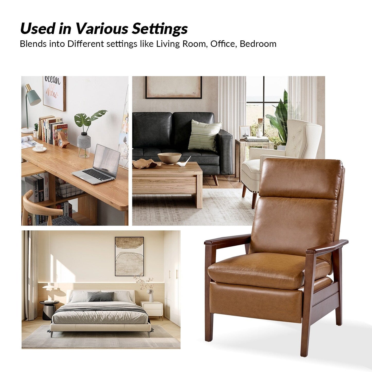 Poltrona reclinabile in legno massello in pelle vegana Patrick Mid-Century di HULALA HOME