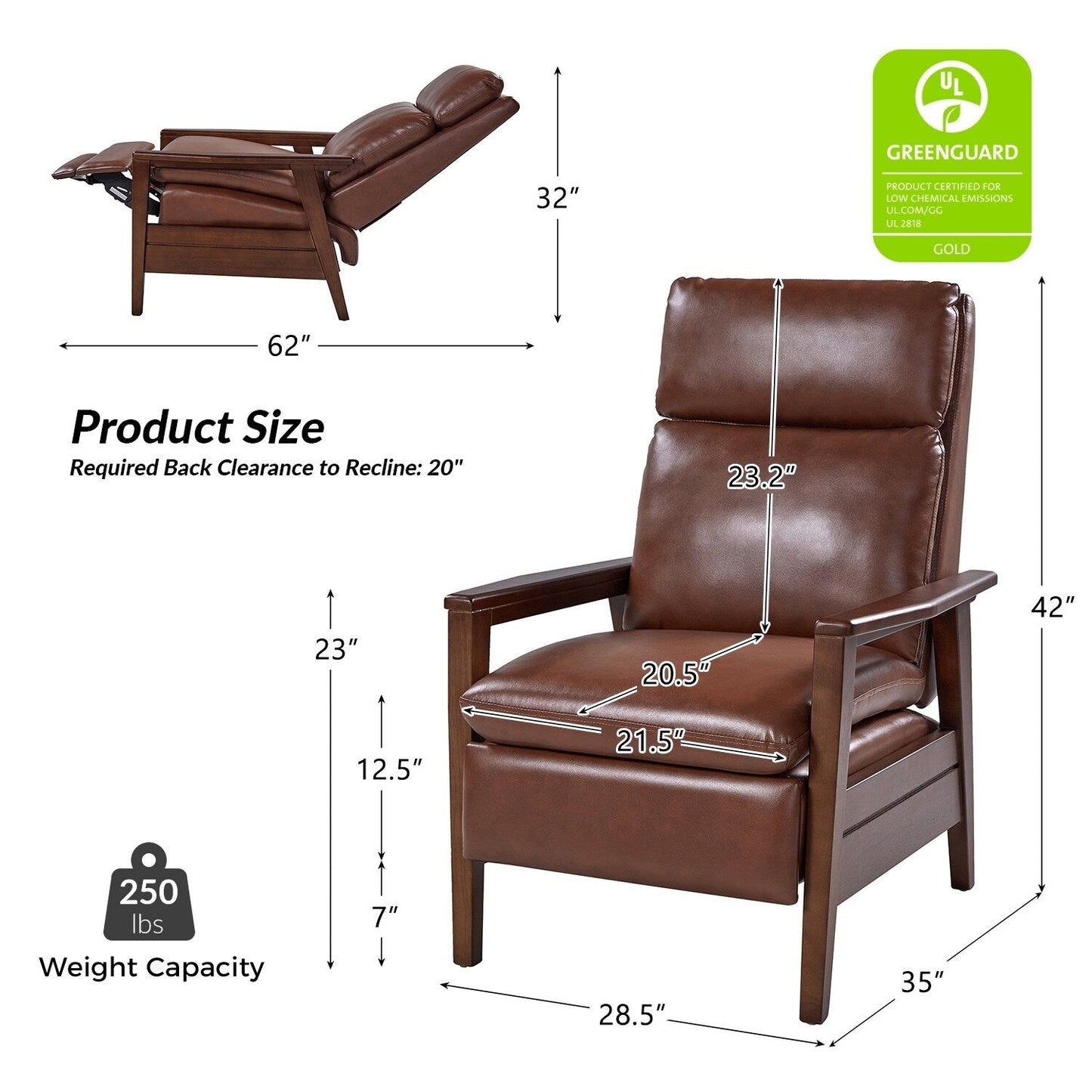 Poltrona reclinabile in legno massello in pelle vegana Patrick Mid-Century di HULALA HOME