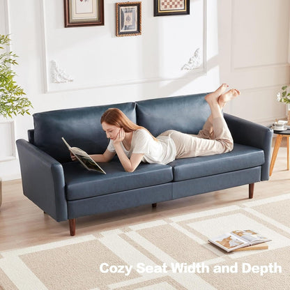 Divano a 3 posti in similpelle blu pavone con gambe in legno e cuscini imbottiti