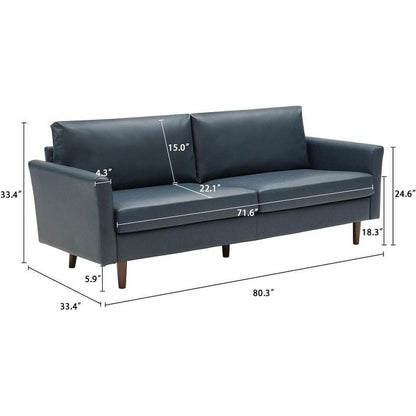 Divano a 3 posti in similpelle blu pavone, stile Mid-Century Modern, anni '80, con gambe in legno e cuscini imbottiti, per soggiorno