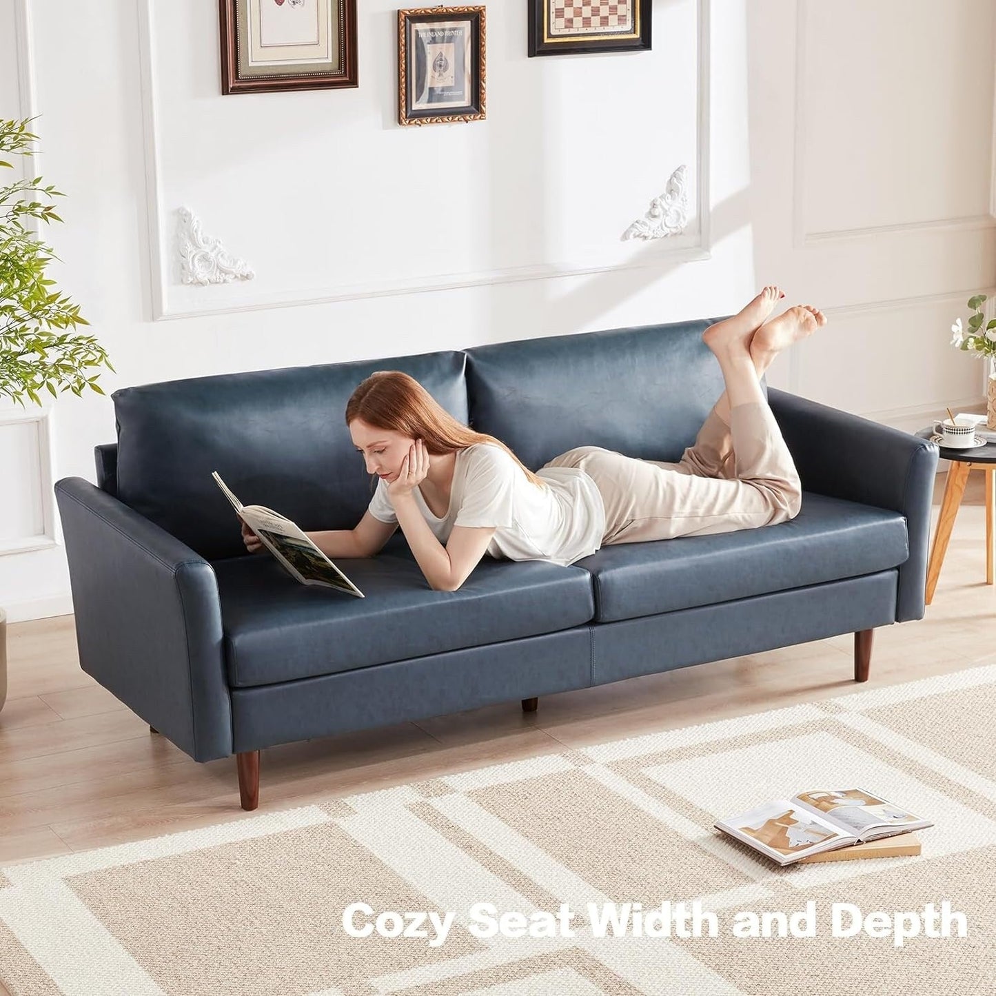 Divano a 3 posti in similpelle blu pavone, stile Mid-Century Modern, anni '80, con gambe in legno e cuscini imbottiti, per soggiorno