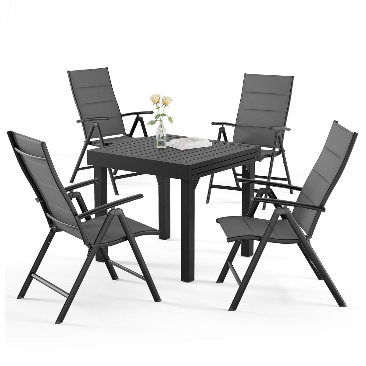 Set da pranzo da giardino da 3/5/7 pezzi, tavolo estensibile in alluminio, sedia pieghevole imbottita regolabile