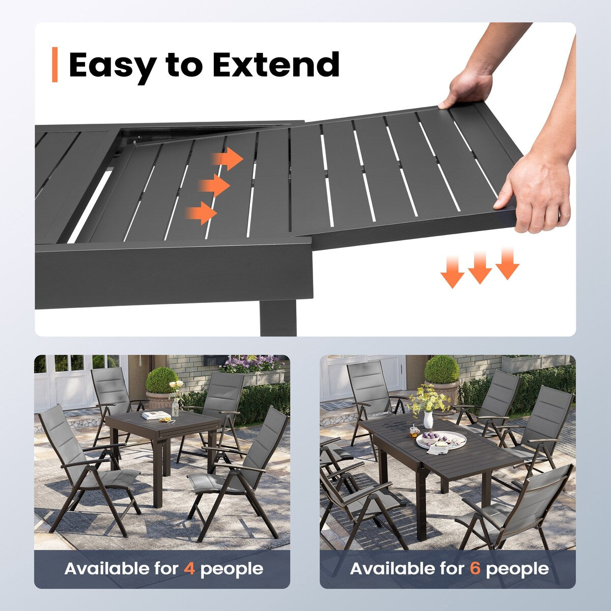 Set da pranzo da giardino da 3/5/7 pezzi, tavolo estensibile in alluminio, sedia pieghevole imbottita regolabile