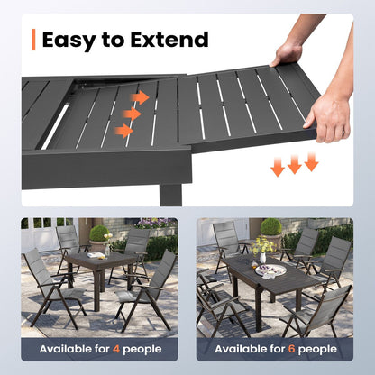 Set da pranzo da giardino da 3/5/7 pezzi, tavolo estensibile in alluminio, sedia pieghevole imbottita regolabile