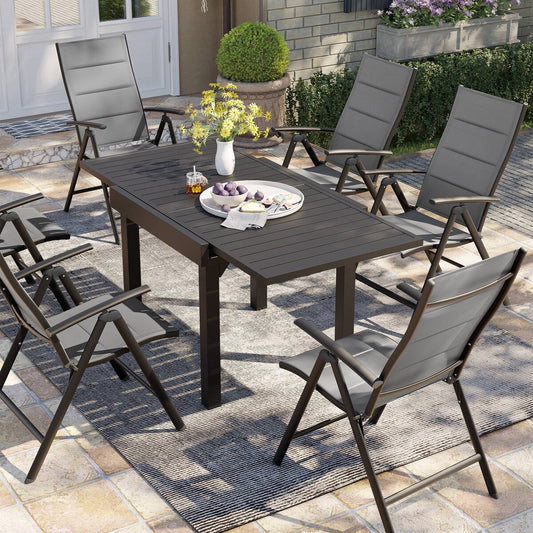 Set da pranzo da giardino da 3/5/7 pezzi, tavolo estensibile in alluminio, sedia pieghevole imbottita regolabile