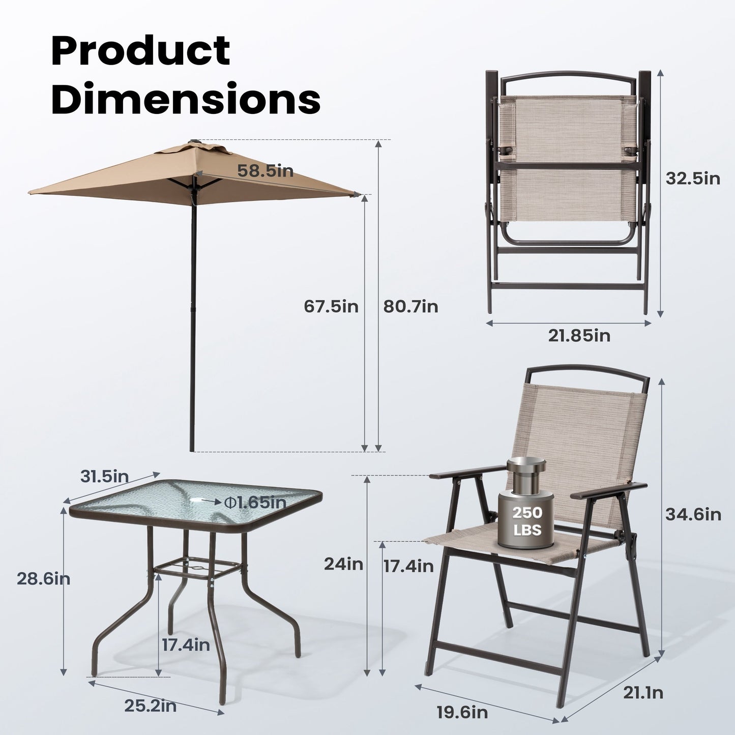 Set da giardino Pellebant da 6 pezzi con tavolo, ombrellone e 4 sedie pieghevoli - 22,4 L x 26,8 P x 34,4 A