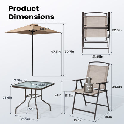 Set da giardino Pellebant da 6 pezzi con tavolo, ombrellone e 4 sedie pieghevoli - 22,4 L x 26,8 P x 34,4 A