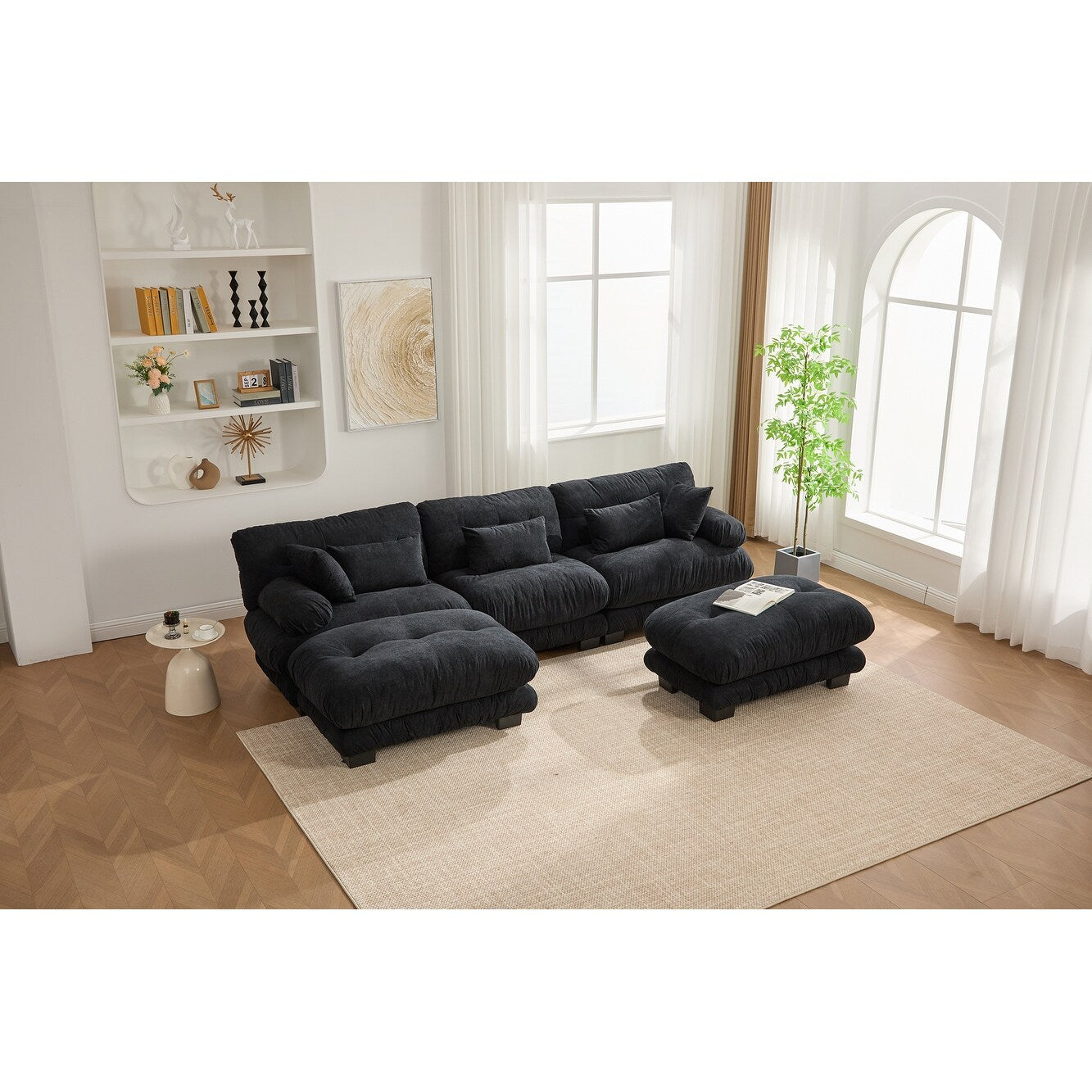 Divano a forma di U in velluto plastificato con 2 pouf, divano a 3 posti comodo combinato gratuito con cuscini per braccioli