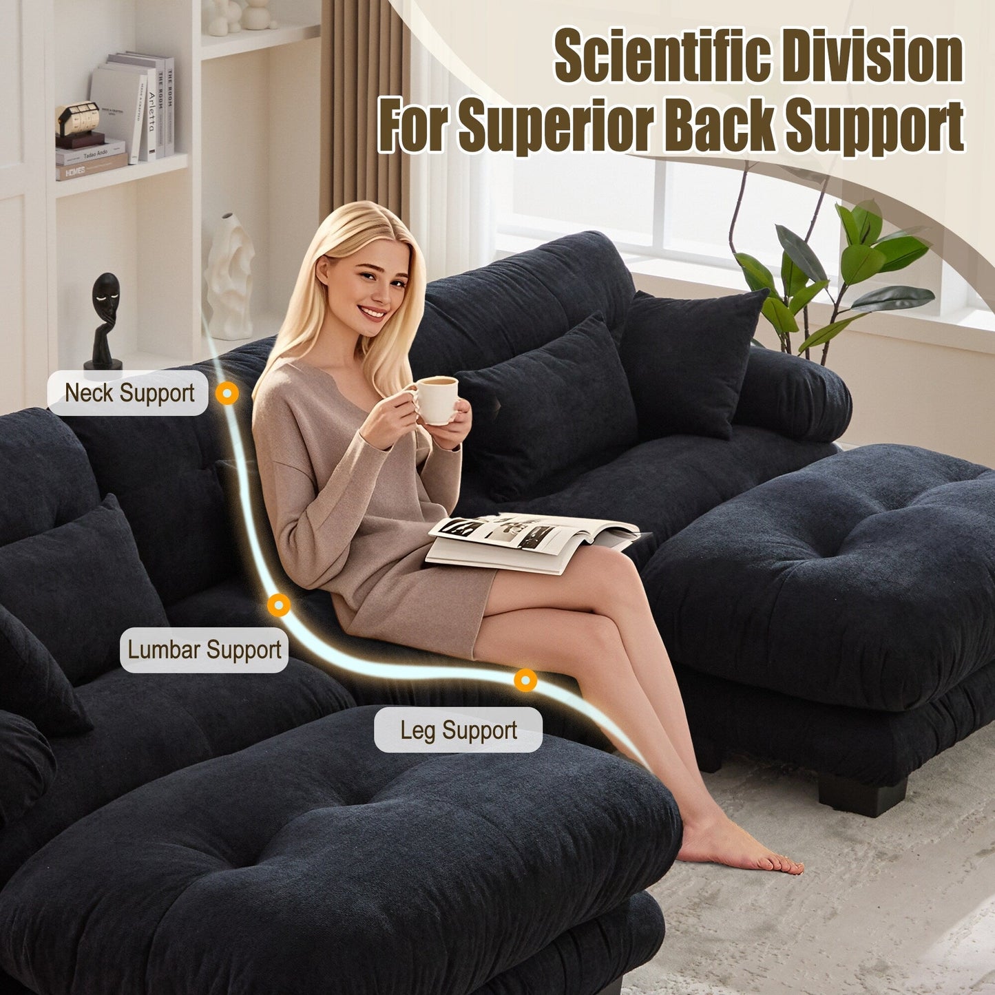 Divano a forma di U in velluto plastificato con 2 pouf, divano a 3 posti comodo combinato gratuito con cuscini per braccioli