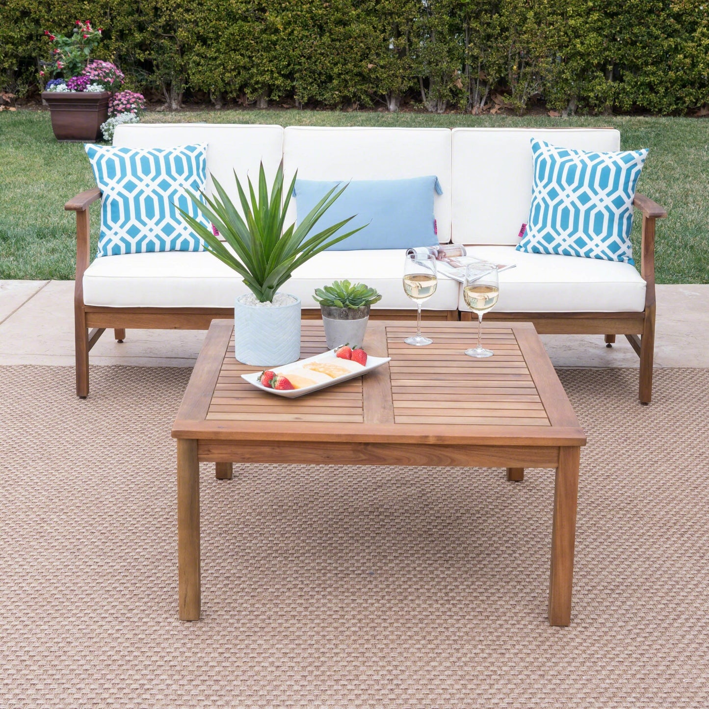 Set da 4 pezzi di divano e tavolo imbottito Perla Outdoor Acacia di Christopher Knight Home