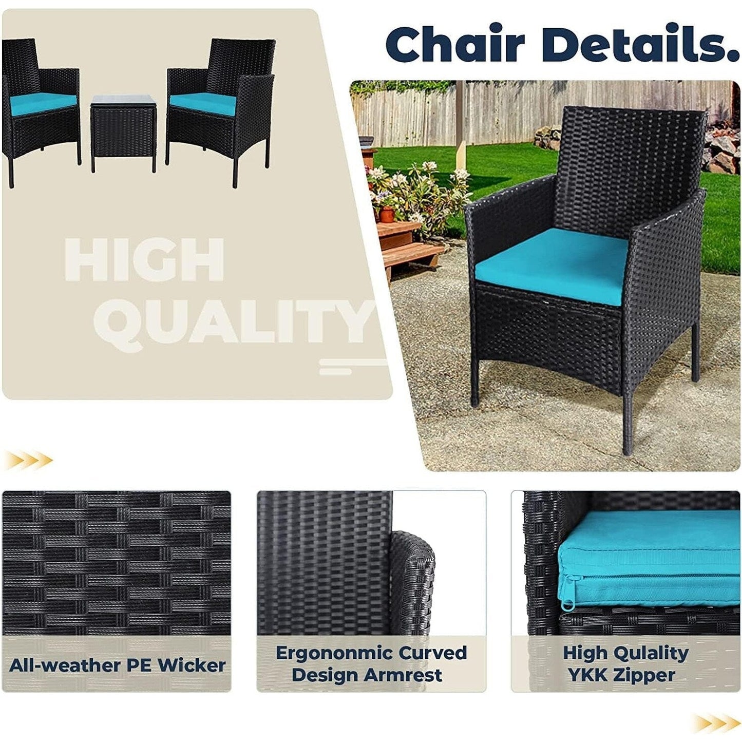 Set da bistrot imbottito in vimini da 3 pezzi per esterni Pheap di Havenside Home