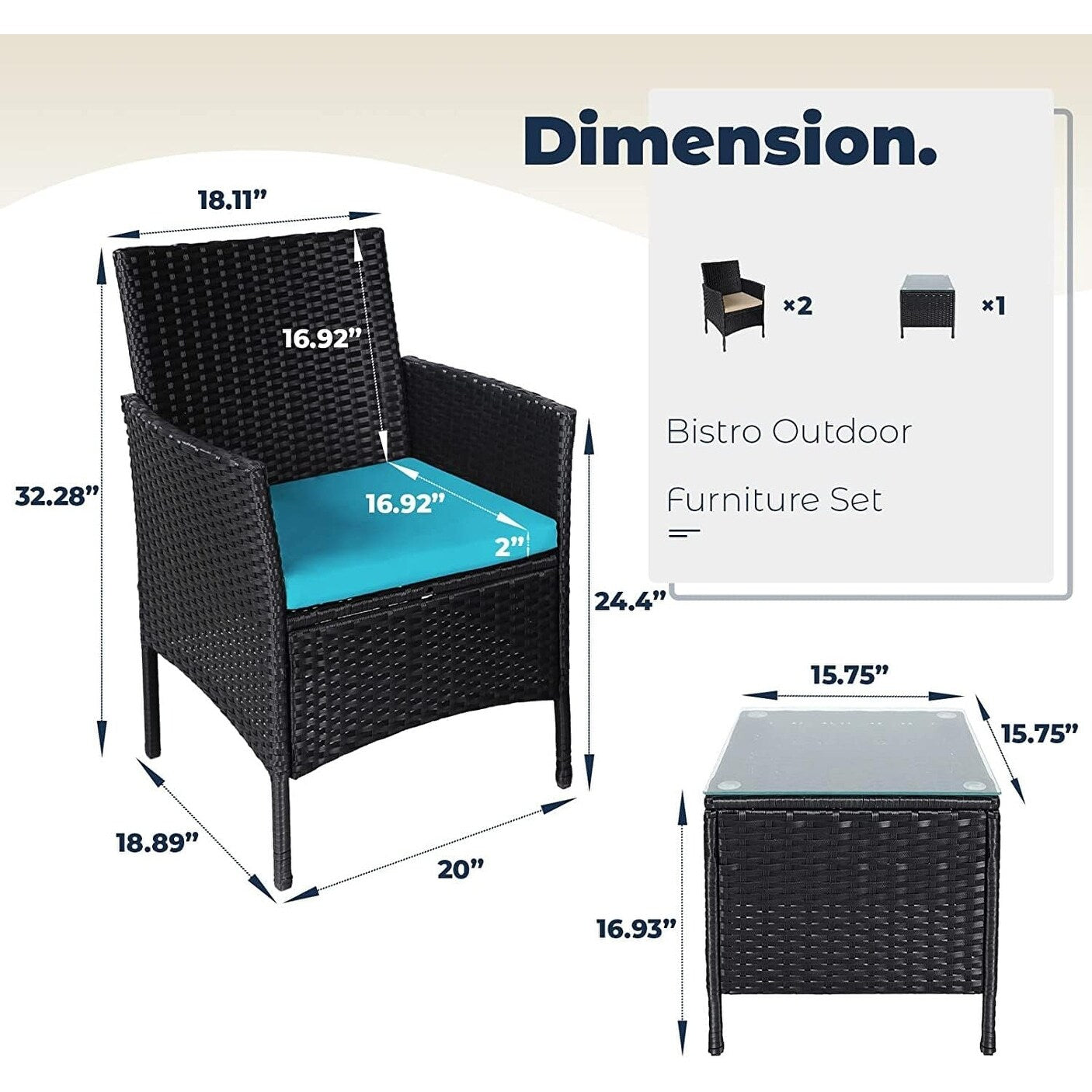 Set da bistrot imbottito in vimini da 3 pezzi per esterni Pheap di Havenside Home