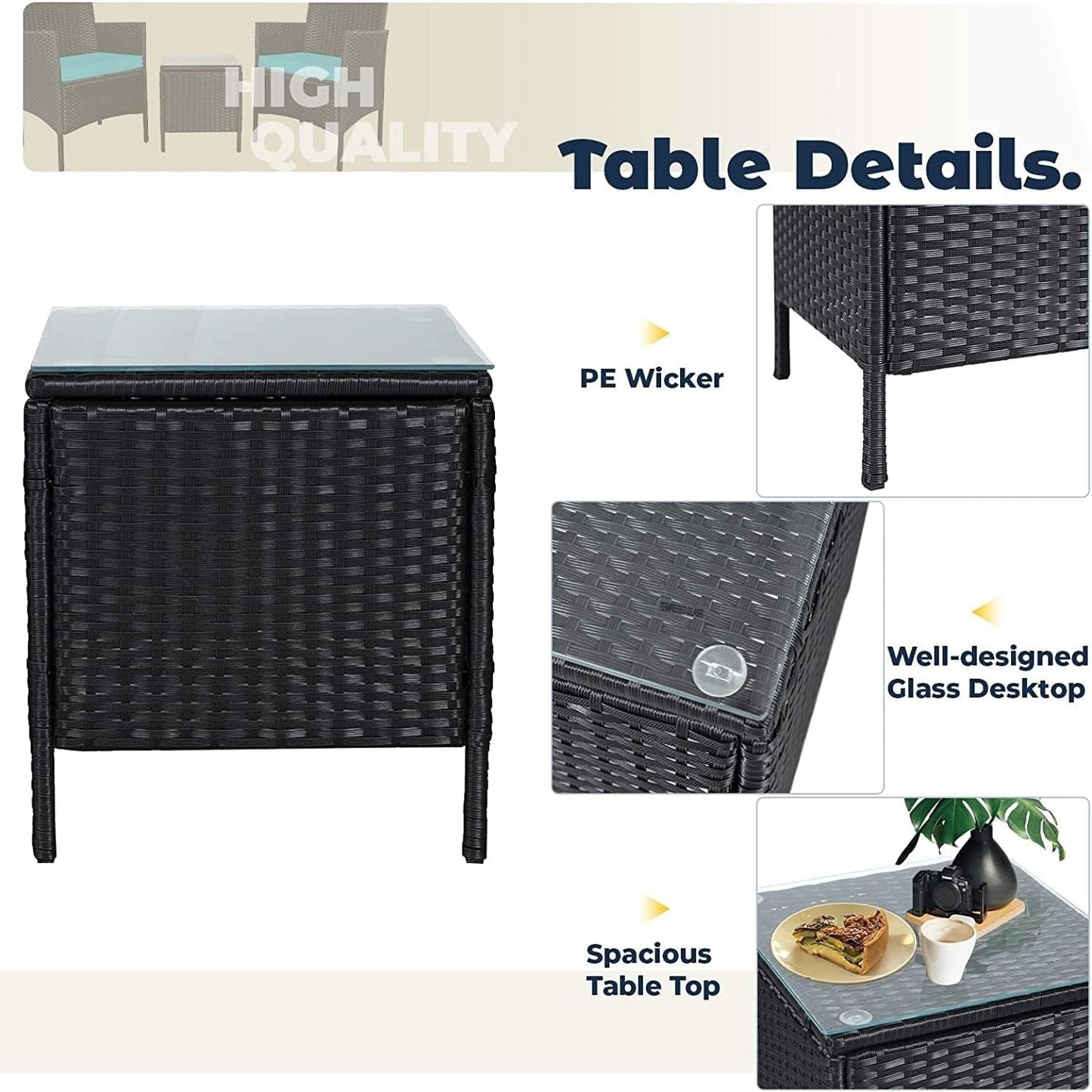 Set da bistrot imbottito in vimini da 3 pezzi per esterni Pheap di Havenside Home