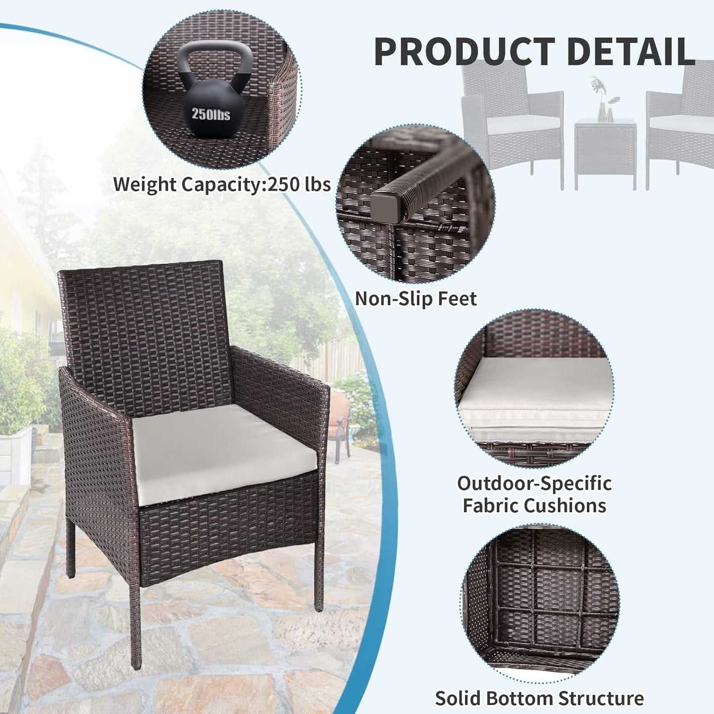 Set da bistrot imbottito in vimini da 3 pezzi per esterni Pheap di Havenside Home