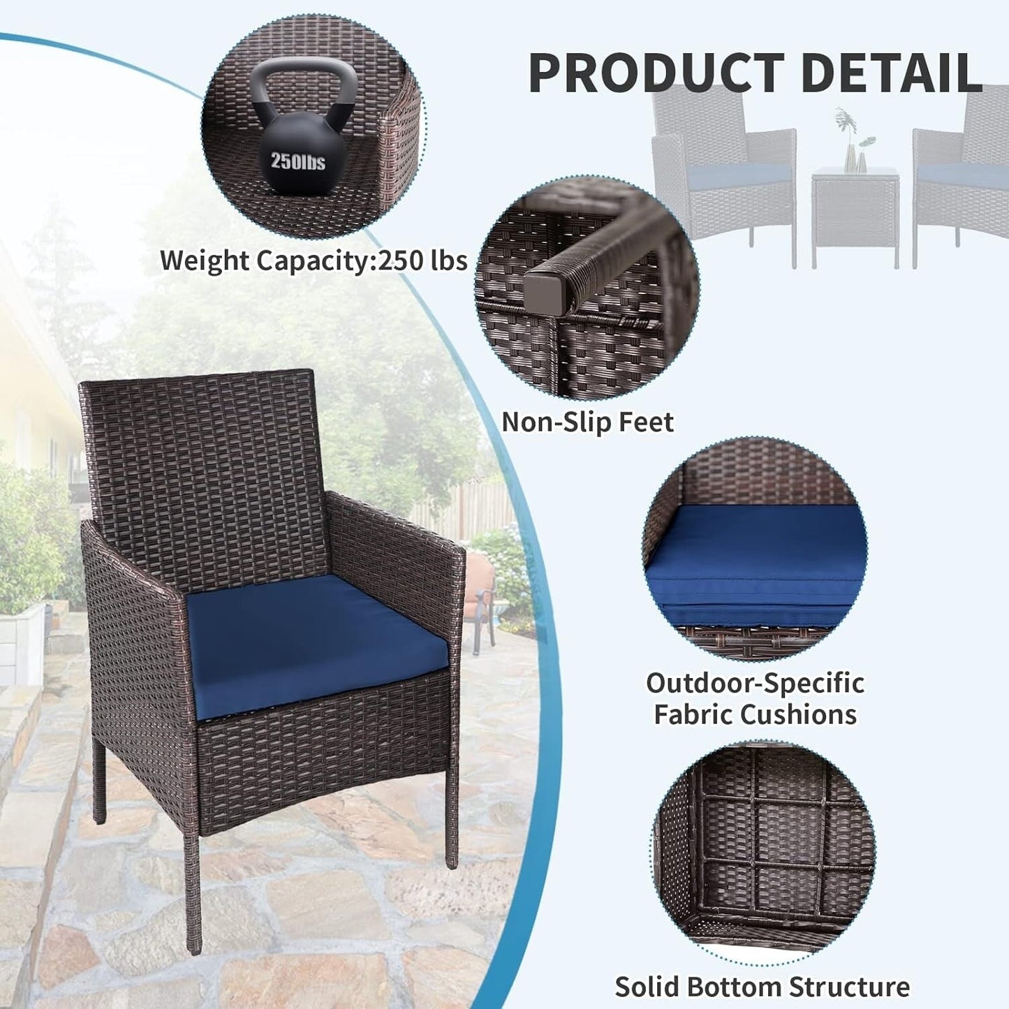 Set da bistrot imbottito in vimini da 3 pezzi per esterni Pheap di Havenside Home