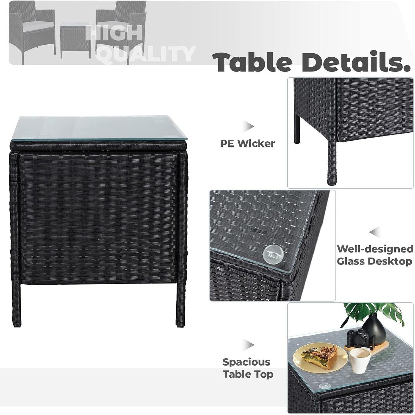 Set da bistrot imbottito in vimini da 3 pezzi per esterni Pheap di Havenside Home