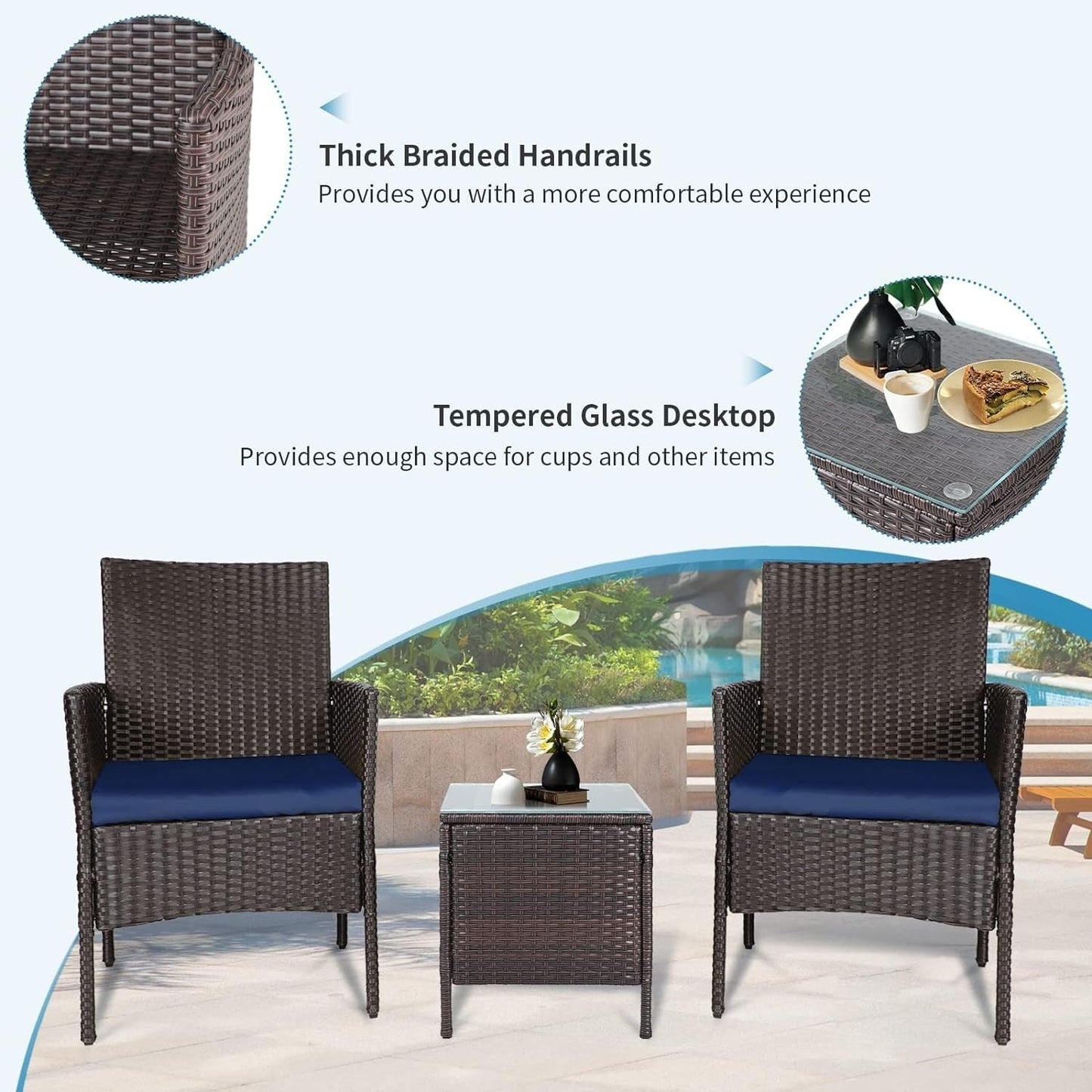 Set da bistrot imbottito in vimini da 3 pezzi per esterni Pheap di Havenside Home