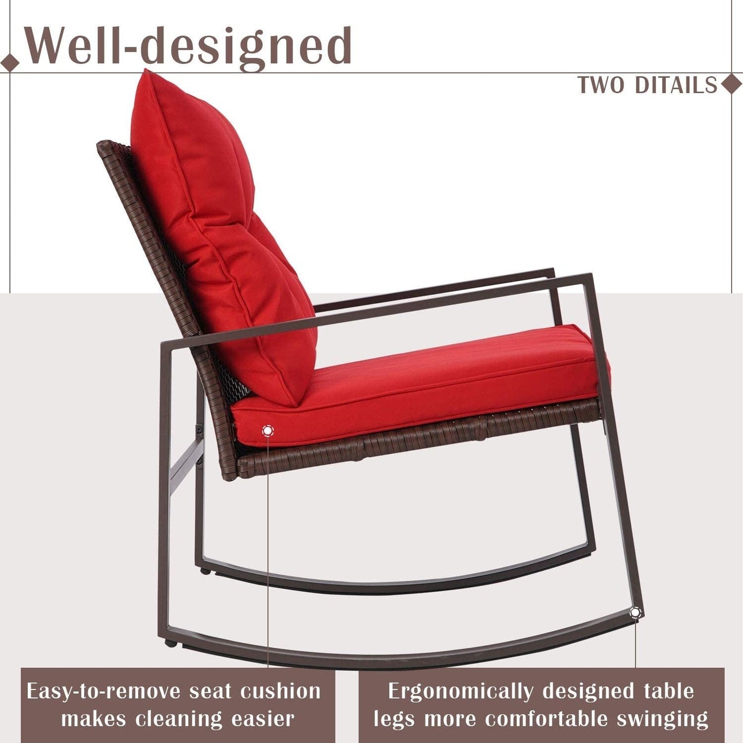 Set da bistrot a dondolo in vimini nero/marrone da 3 pezzi per patio esterno Pheap di Havenside Home