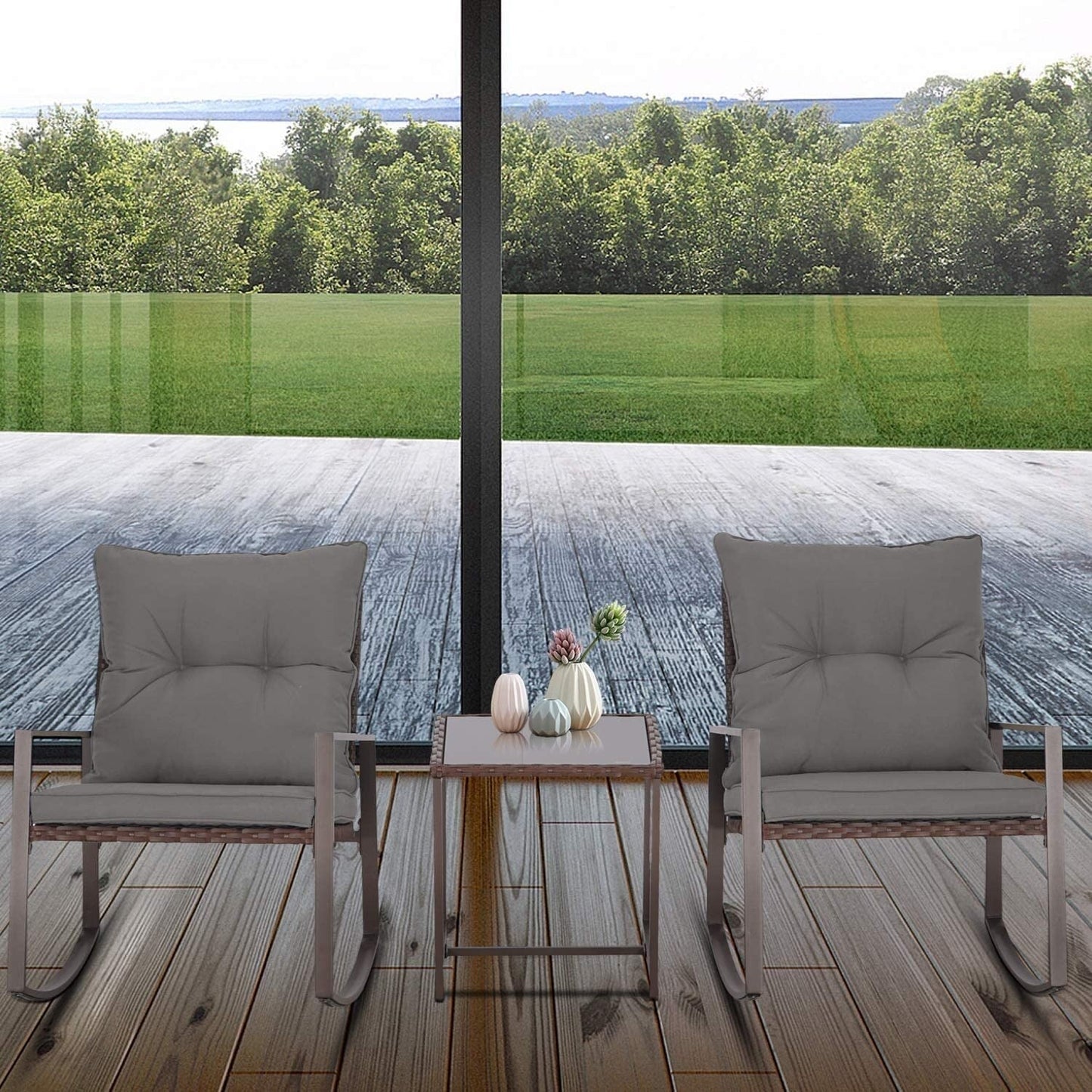 Set da bistrot a dondolo in vimini nero/marrone da 3 pezzi per patio esterno Pheap di Havenside Home