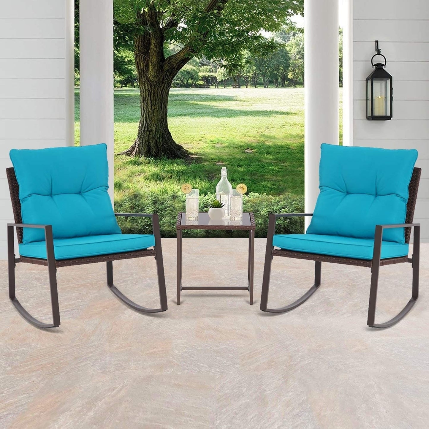 Set da bistrot a dondolo in vimini nero/marrone da 3 pezzi per patio esterno Pheap di Havenside Home