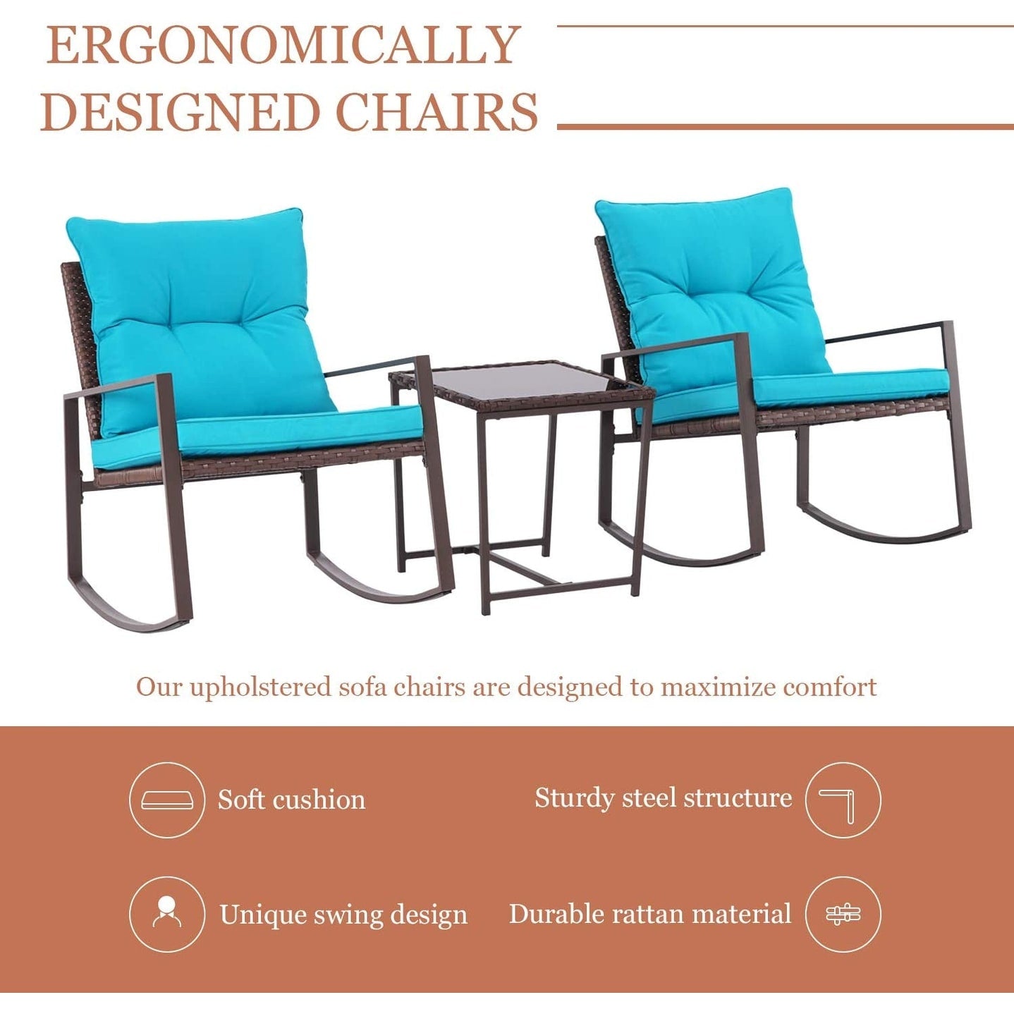 Set da bistrot a dondolo in vimini nero/marrone da 3 pezzi per patio esterno Pheap di Havenside Home