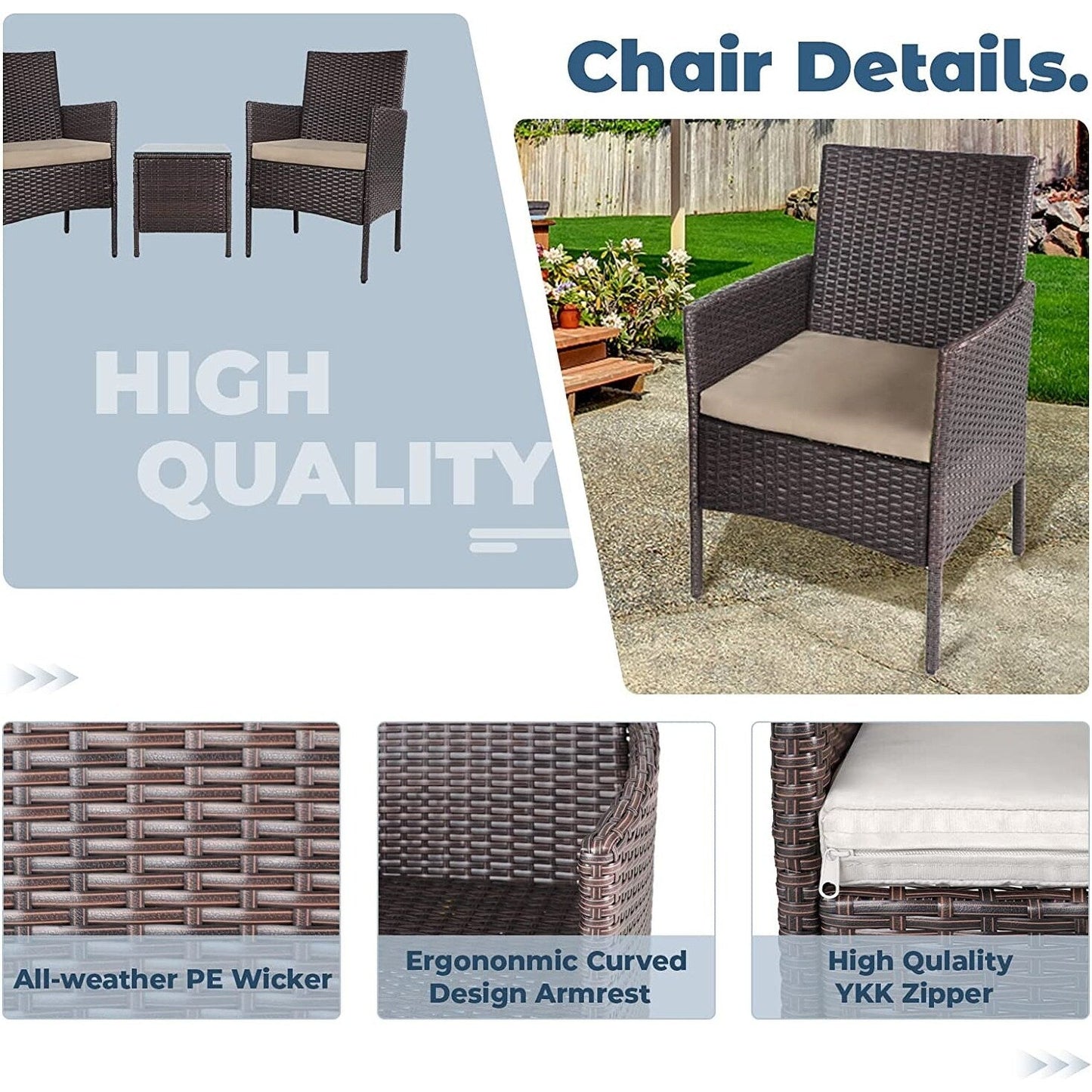 Set da bistrot imbottito in vimini da 3 pezzi per esterni Pheap di Havenside Home