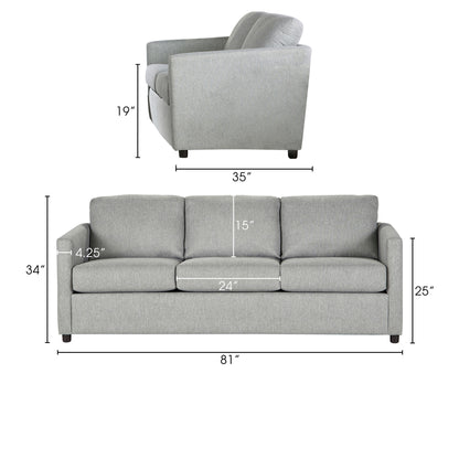 Divano Piasa, in poliestere grigio chiaro di transizione e legno massello, 81 pollici