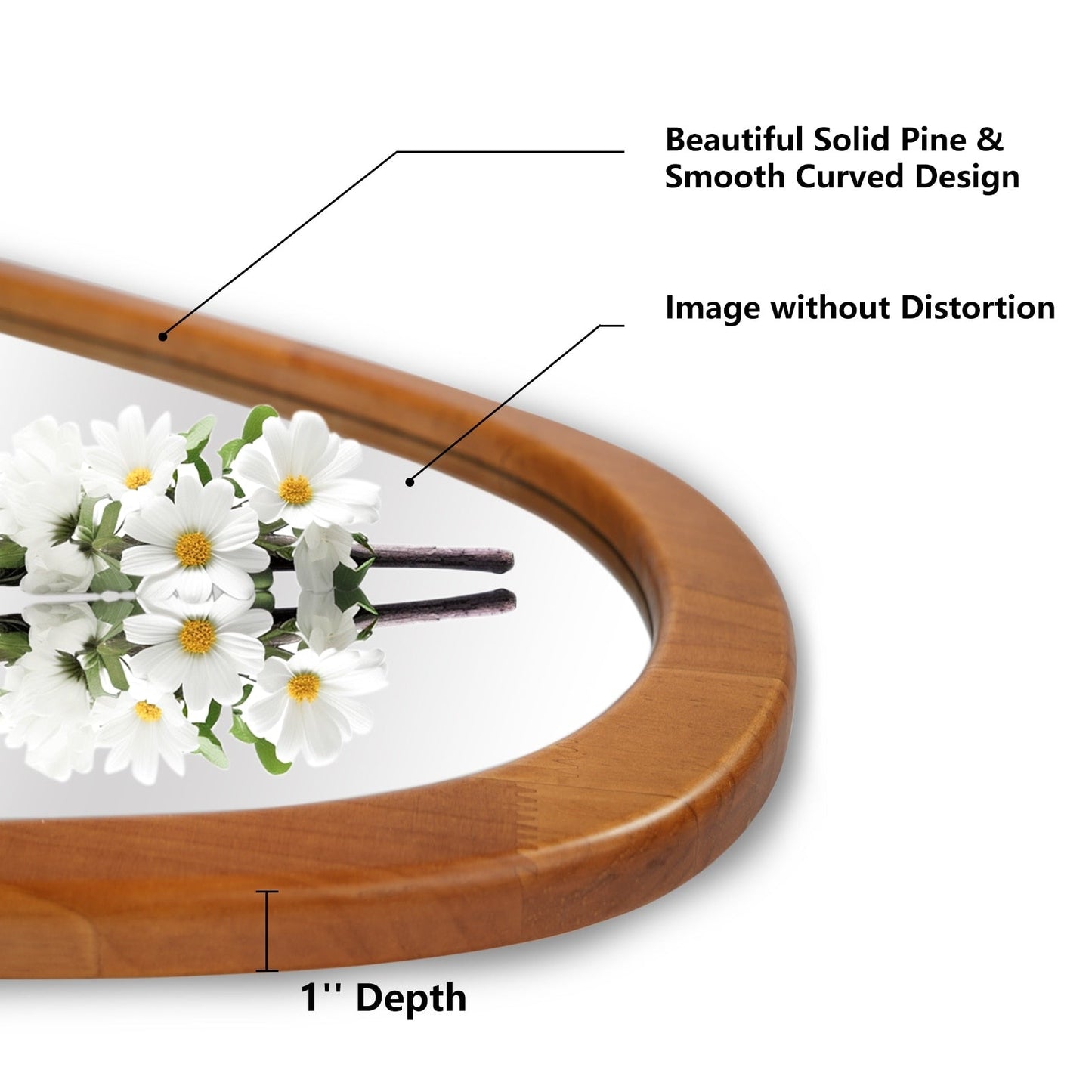 Specchio da parete asimmetrico a forma di ciottoli con cornice in pino