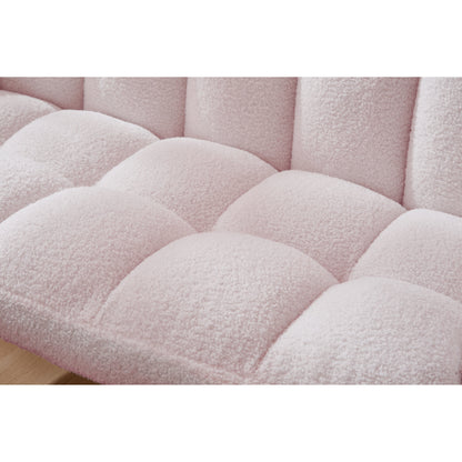 Divano a due posti Teddy Pink 52 con schienali trapuntati e struttura in legno massello per il soggiorno.