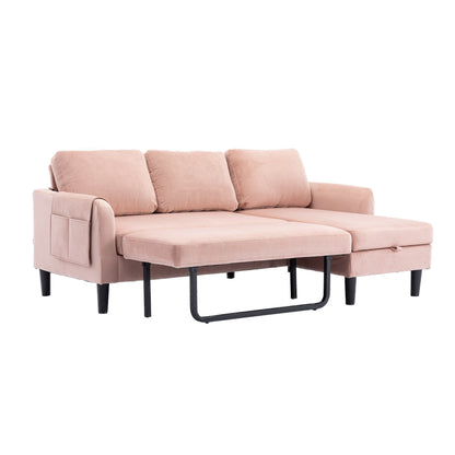 Divano componibile in poliestere rosa 72,4 con letto estraibile, chaise longue contenitore e 3 cuscini decorativi