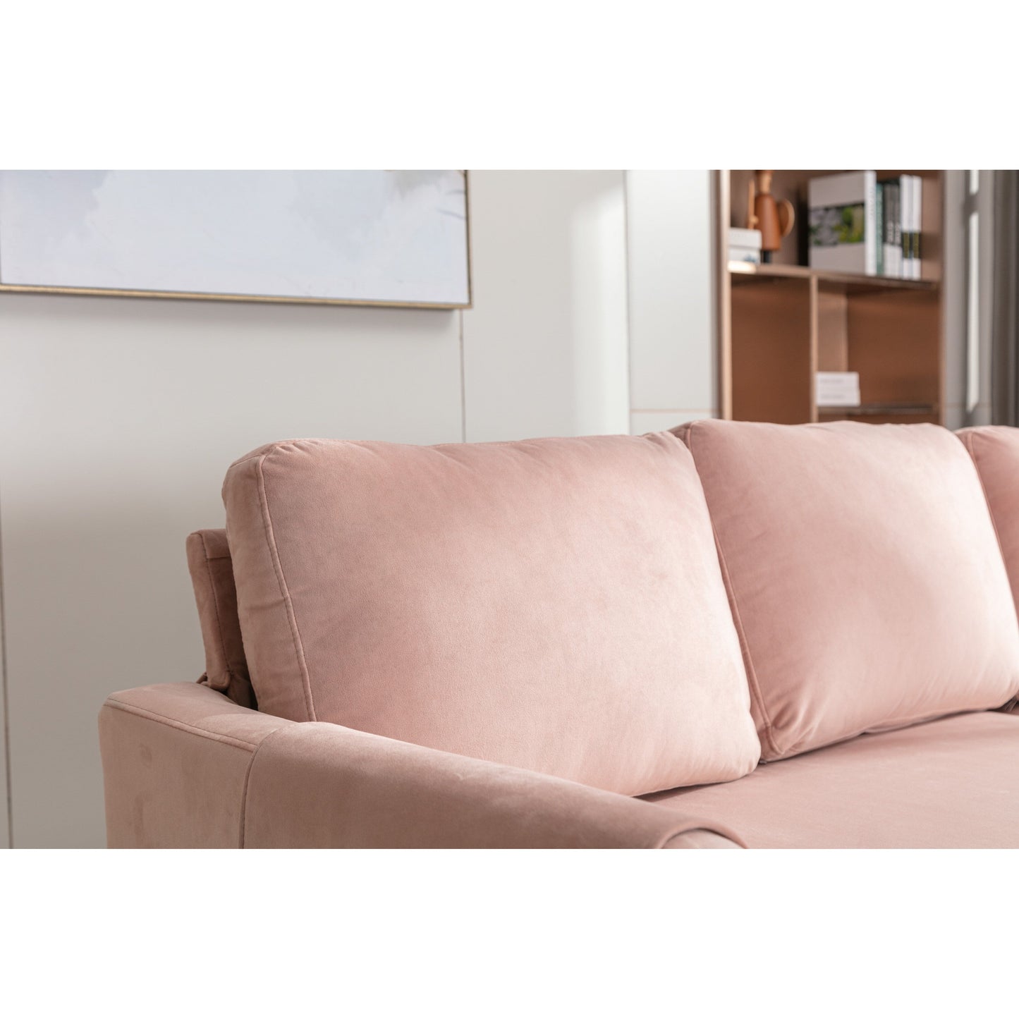Divano componibile in poliestere rosa 72,4 con letto estraibile, chaise longue contenitore e 3 cuscini decorativi