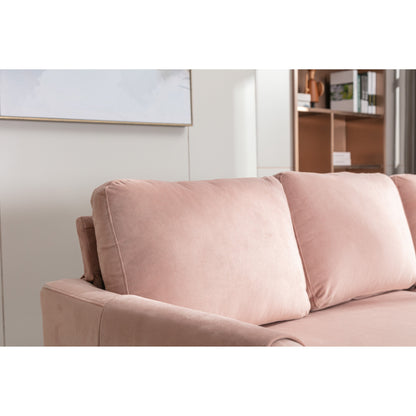 Divano componibile in poliestere rosa 72,4 con letto estraibile, chaise longue contenitore e 3 cuscini decorativi