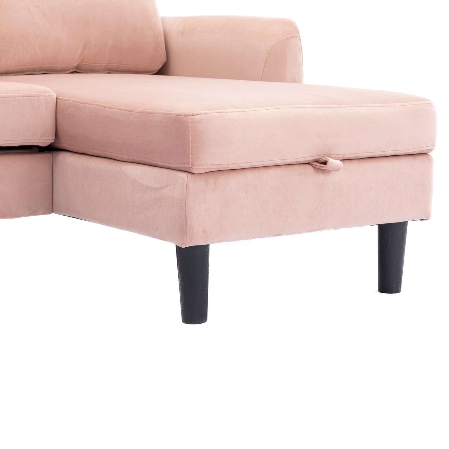 Divano componibile in poliestere rosa 72,4 con letto estraibile, chaise longue contenitore e 3 cuscini decorativi