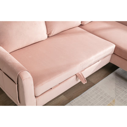 Divano componibile in poliestere rosa 72,4 con letto estraibile, chaise longue contenitore e 3 cuscini decorativi