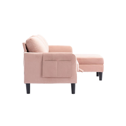 Divano componibile in poliestere rosa 72,4 con letto estraibile, chaise longue contenitore e 3 cuscini decorativi