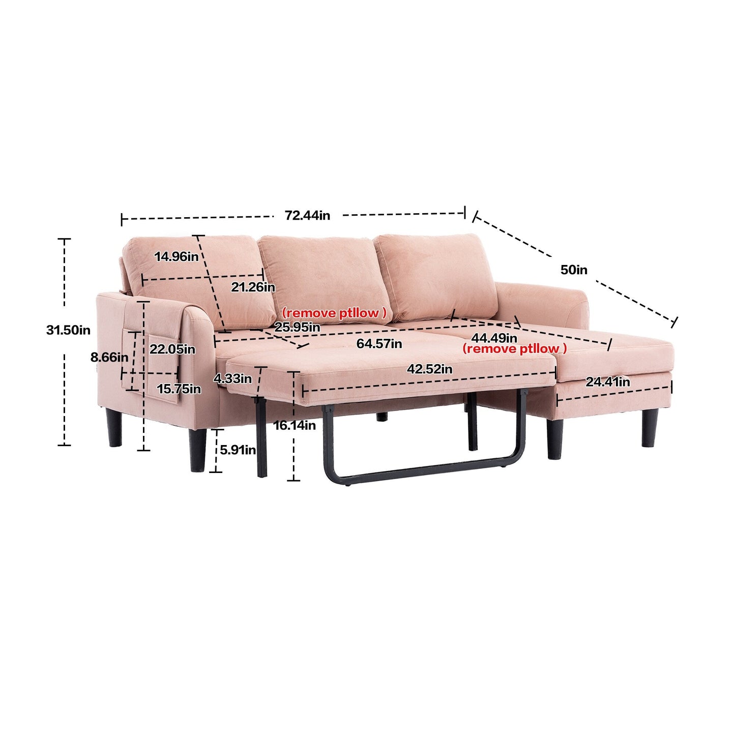 Divano componibile in poliestere rosa 72,4 con letto estraibile, chaise longue contenitore e 3 cuscini decorativi