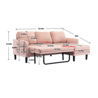 Divano componibile rosa da 72,4'' in poliestere a 3 posti con letto estraibile, chaise longue contenitore e 3 cuscini decorativi